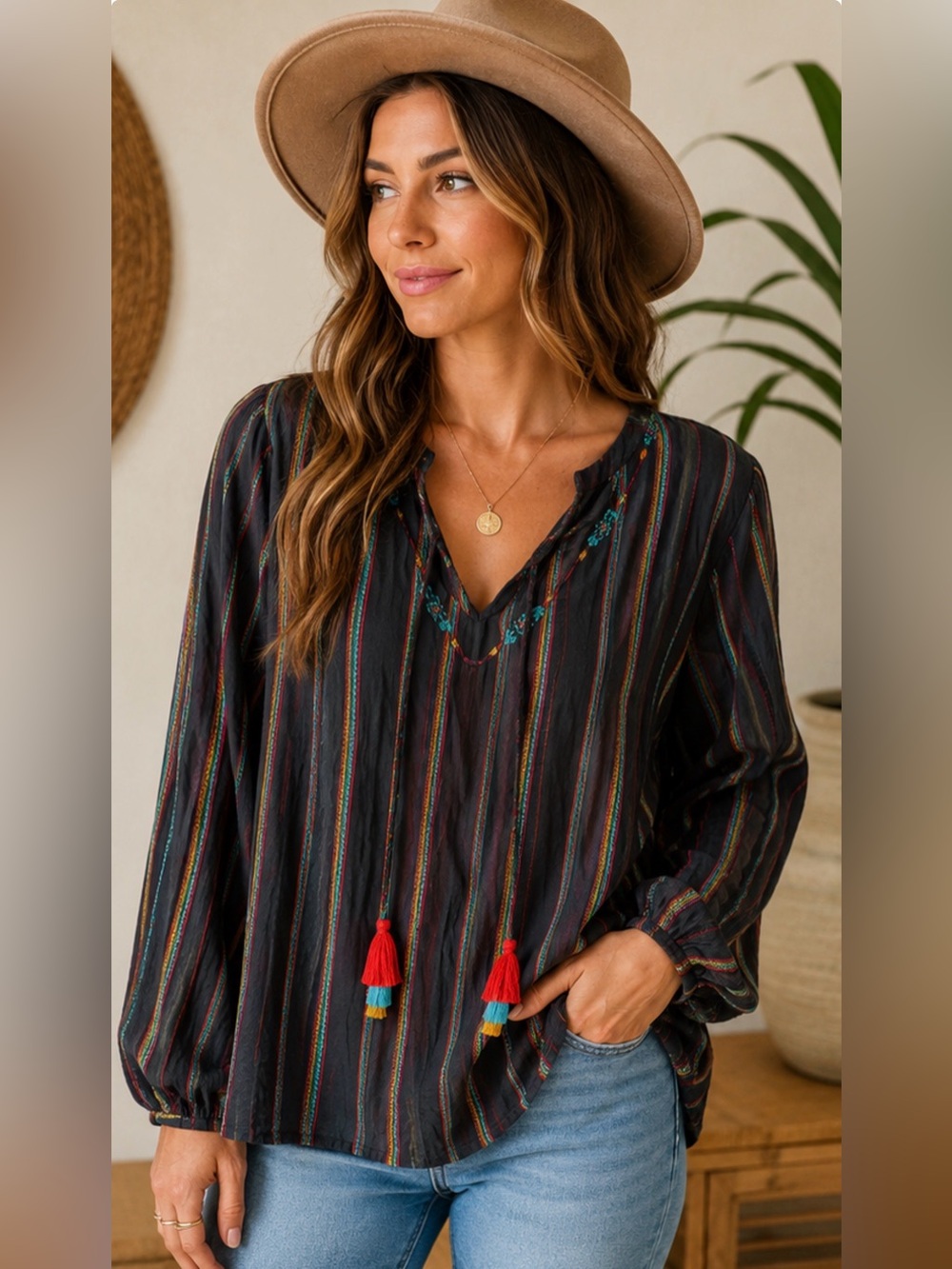 Boho Striped Tassel Peasant Blouse Festival Western Tunic Top